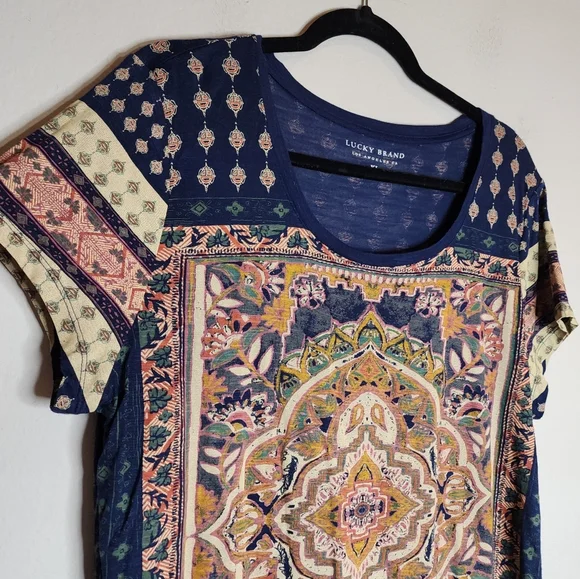 NWT Lucky Brand Persian Carpet Scoop Neck Short Sleeve Tee Shirt Navy XL - Picture 9 of 16